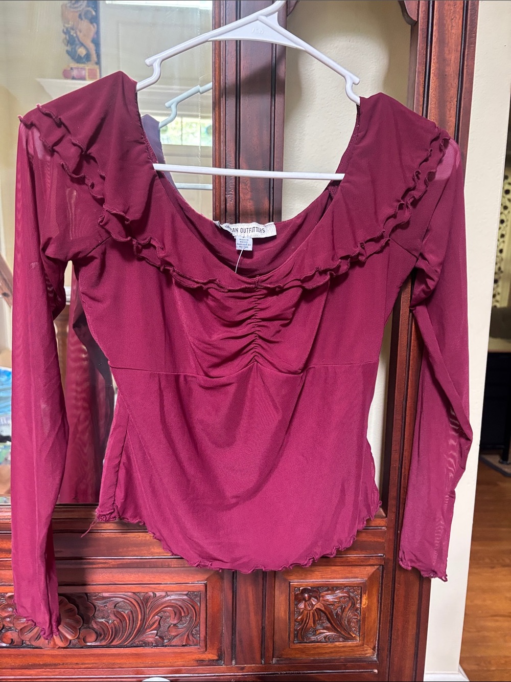 Urban Outfitters Red Ruffle-Trim Off-Shoulder Long Sleeve Top